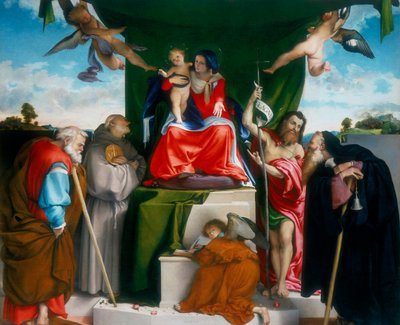 Madonna en Kind op de troon met engelen en heiligen door Lorenzo Lotto